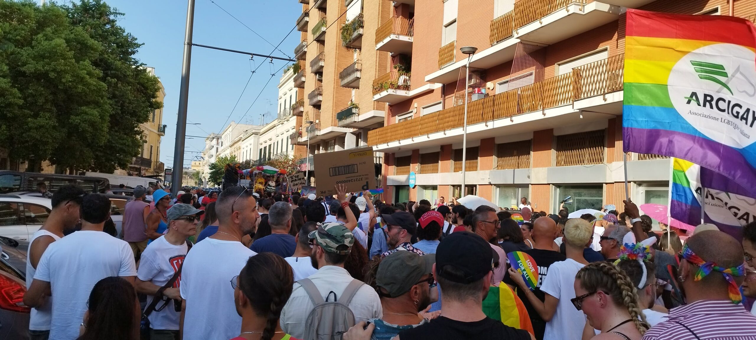 Corteo del Salento Pride 2026 a Lecce, bandiere arcobaleno viste di spalle lungo il percorso cittadino